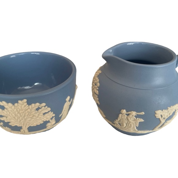 Vtg DUDSON & HANLEY England Blue Jasper Ware GREEK MUSES Mini Creamer+Sugar Bowl - Picture 4 of 6